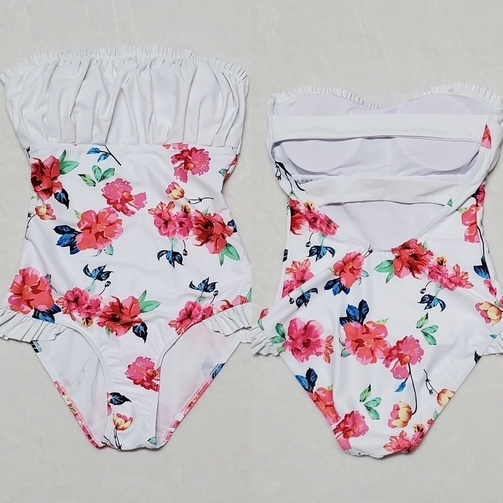 VERONA Playa White Ruffle Hip Floral Backless Strappy Back Strapless Swimsuit S